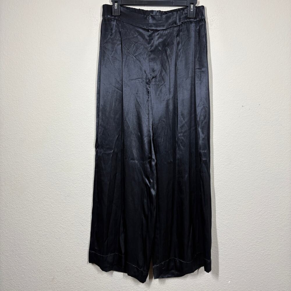 Free People Small Good Days Satin Wide Leg Pants Black Shiny Pleated Front - Picture 2 of 10